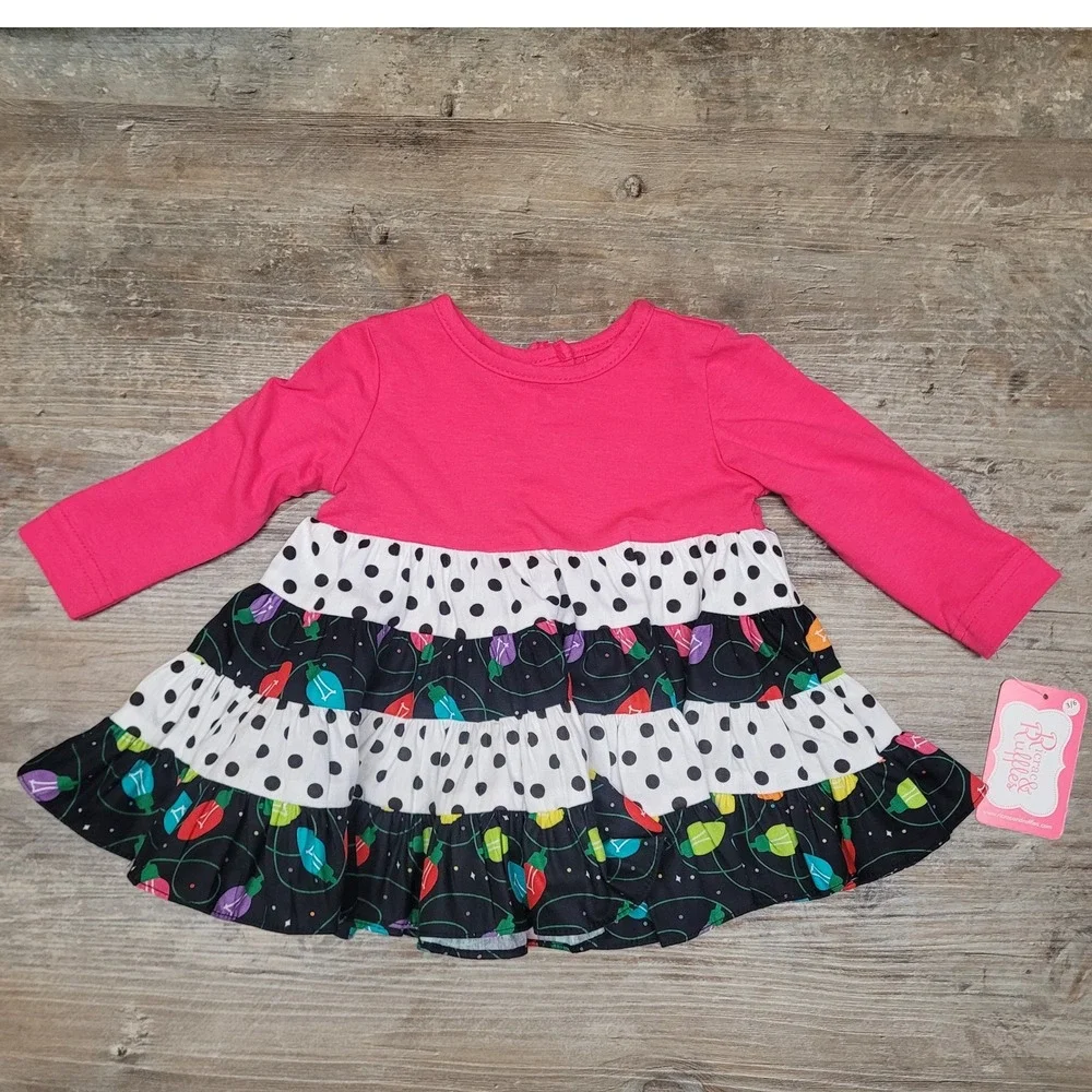 Ricrac and Ruffles Dress Girls 3-6M Pink Long Sleeve Christmas Lights‎ Tiered